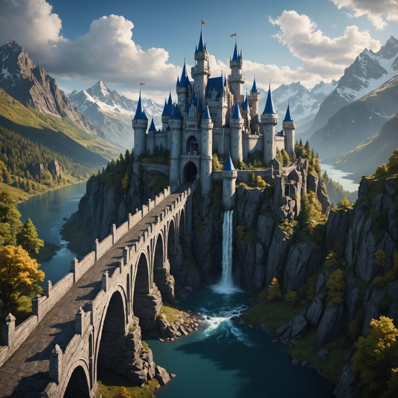 A white castle on a giant bridge, the bridge goes in between...