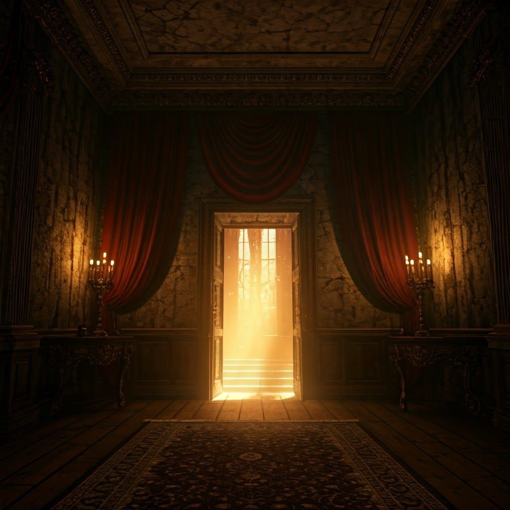 Mysterious cursed room in old mansion, light on, open door, ...