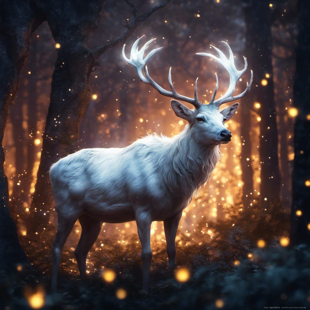 A white stag in the forest at night surrounded by fireflies  by @Shadow