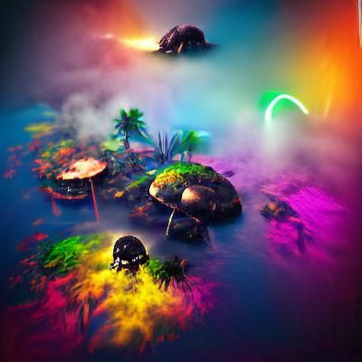 fantasy islands forming in a black void with turtles flying and bubbles hazy smoke mist highres 16k resolution 16k 3d beautiful colourful CryEngine glowing neon flickering light volumetric lighting VRay psychedelic poster art matte background