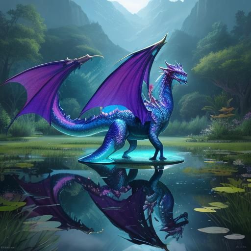 fantasy Iridescent dragon near a pond