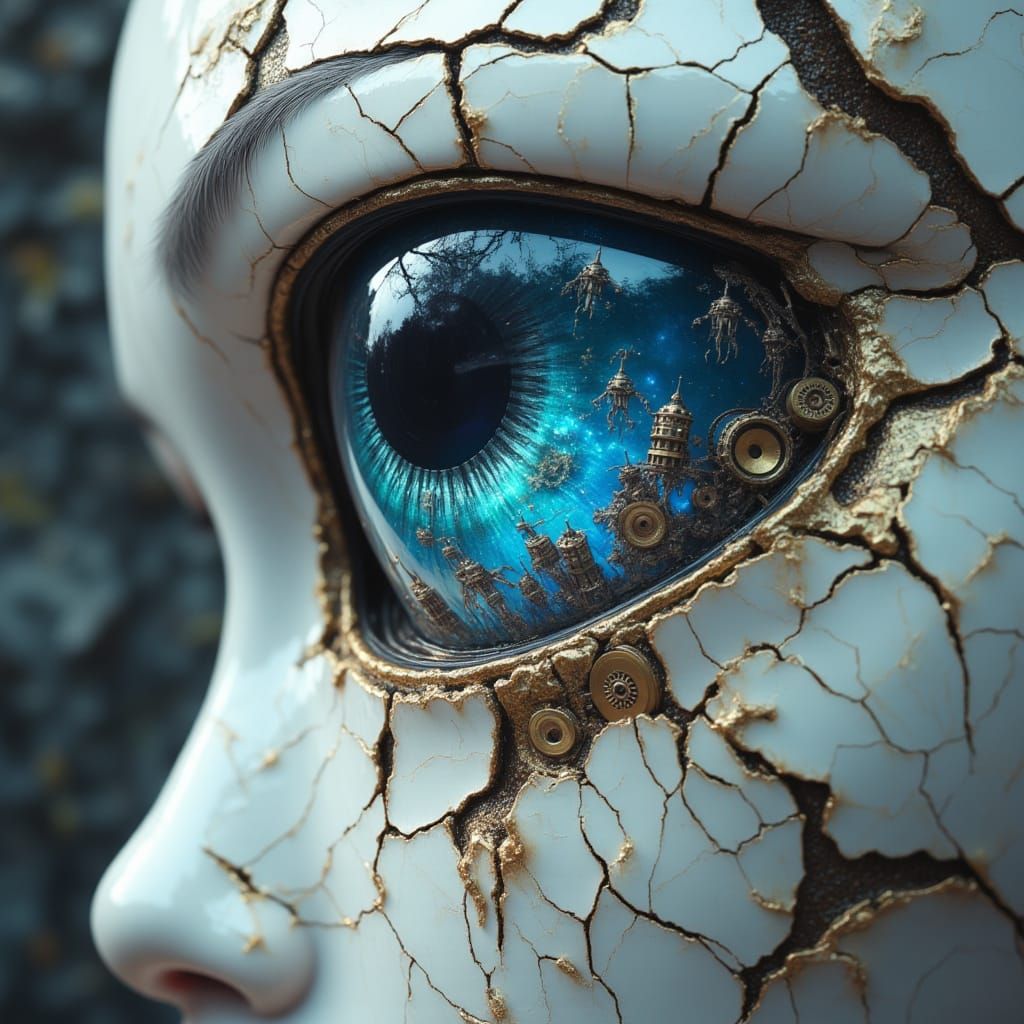 <lora:Fractured Gaze:1.0> A close-up portrait of an tearful eye, the porcelain skin is made out of broken circuitry with elements of organi...
