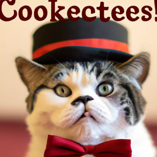 cat with a top hat and a silly expression. on the picture, there is the word "cookies?" written out in bold text.