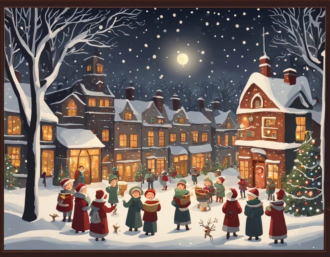 A snowy winter scene with Christmas Carollers singing festive tunes beneath the glow of lanterns. Everyone ...  by @rrruss