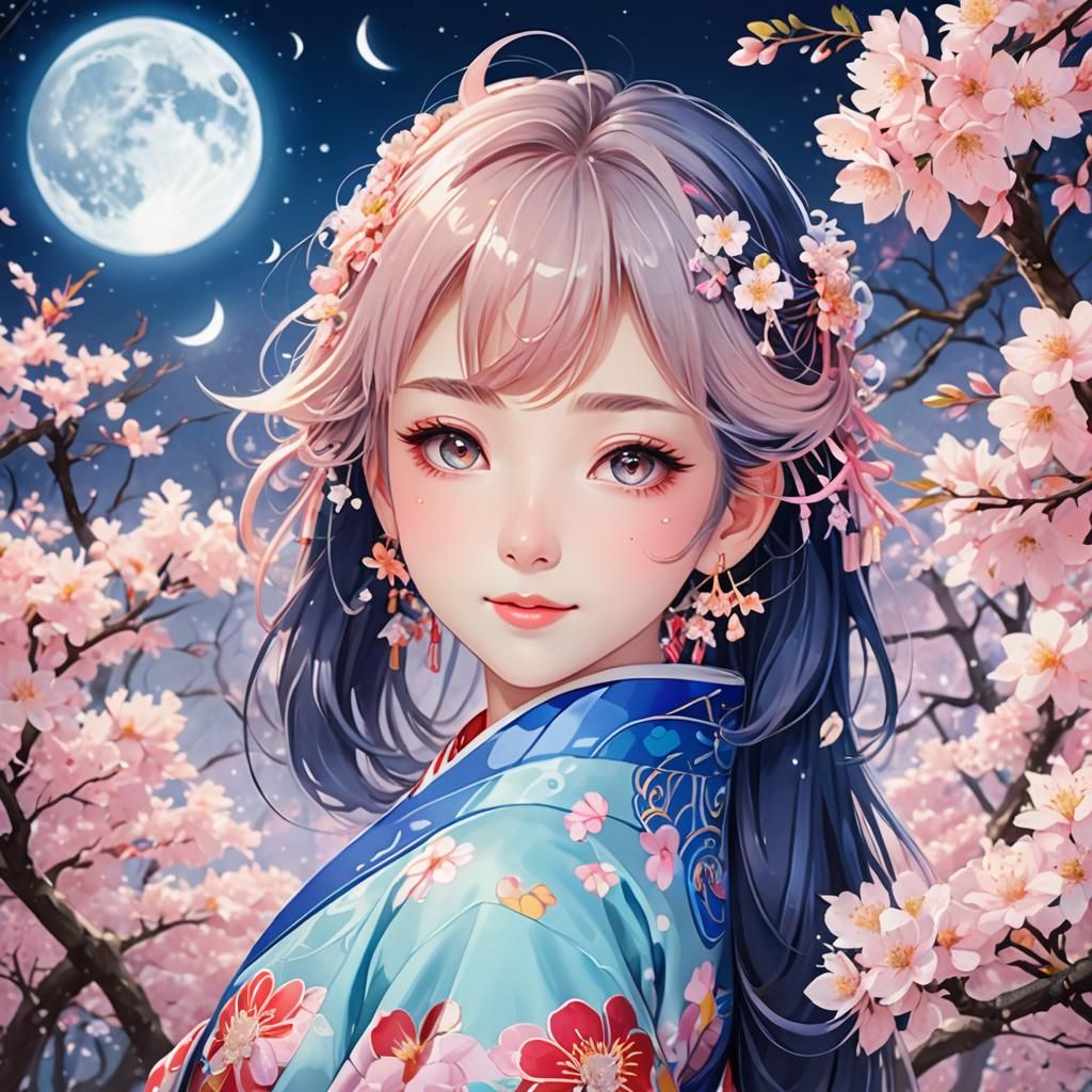 Anime Girl in Kimono Under Moonlight