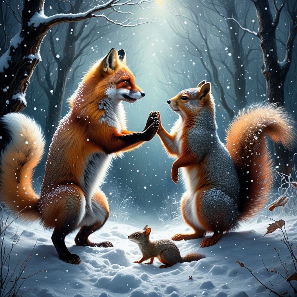 A Red fox and a Squirrel High Five each other