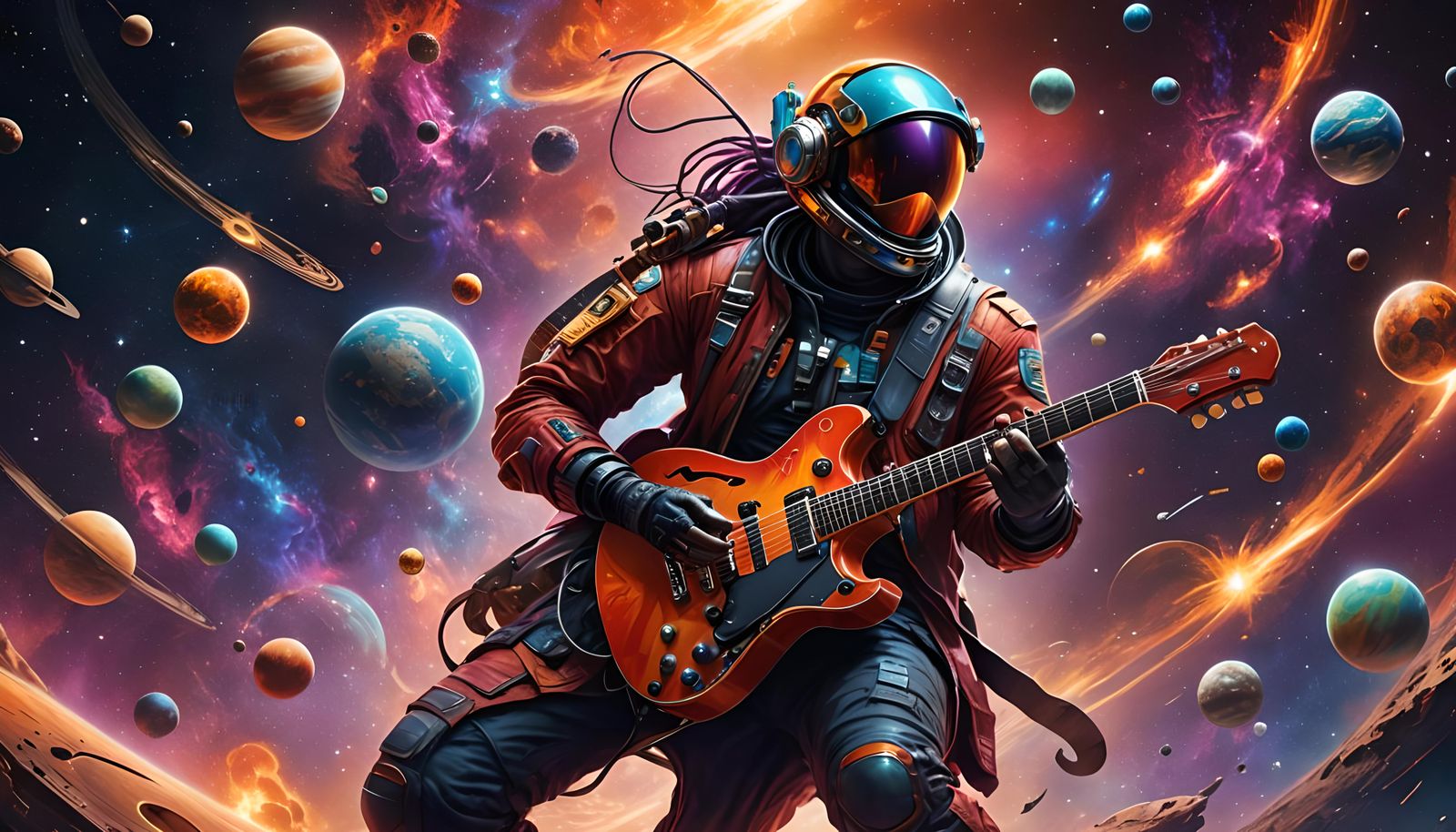 vibrant, colorful, fiery, guitar player in space with planets in the background, 8k, realistic, hyper-detailed