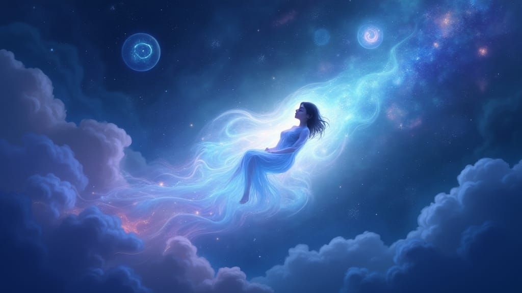 A loopable 2D animated illustration based on the uploaded image. TAround them, soft dream symbols such as moons, spirals...