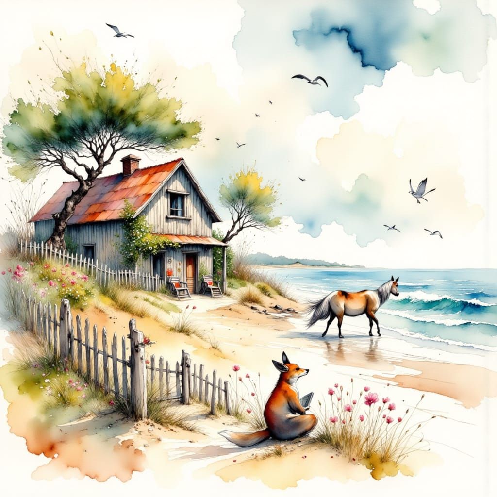 Watercolor Cottage Scene with Fox Writer and Beach