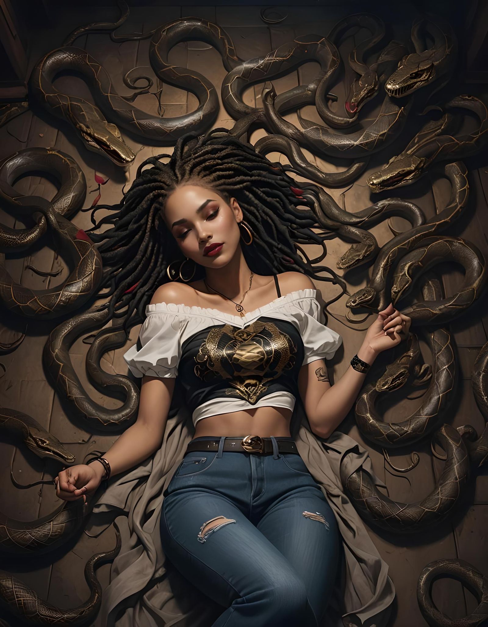 Woman laying on the floor with her snakes.