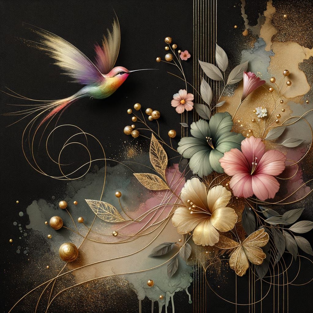 On black canvas, create a real beautiful photo image composition and arrangement, of Craft minimalist-style silk spring ...