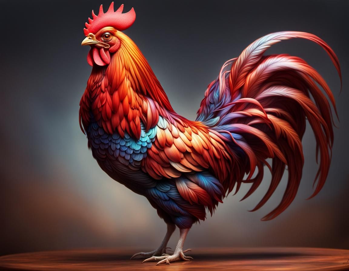 a shiny iridescent Rhode island red rooster.