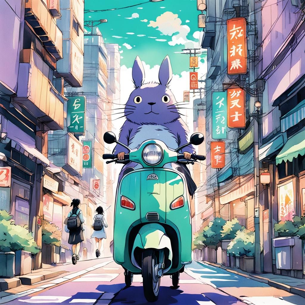 Anime Girl on Scooter in Tokyo: Ghibli-Style Illustration