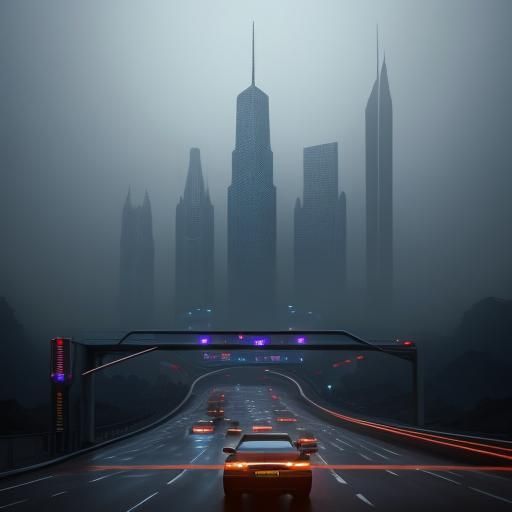 Futuristic Infinite Freeway Interchange in Mist