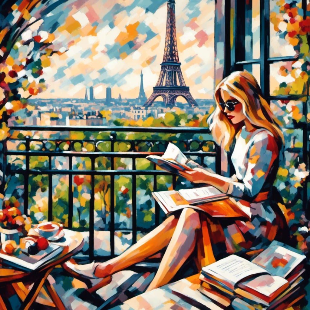 <lora:DadaismBoldColorXL:1.0> Paris quarter Eiffel tower a beautiful girl reading book