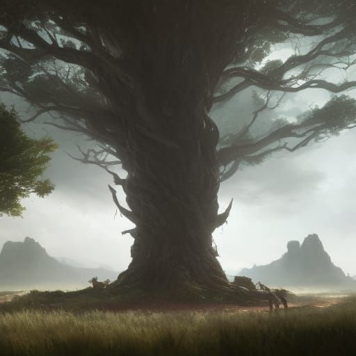 giant sturdy tree in a battlefield