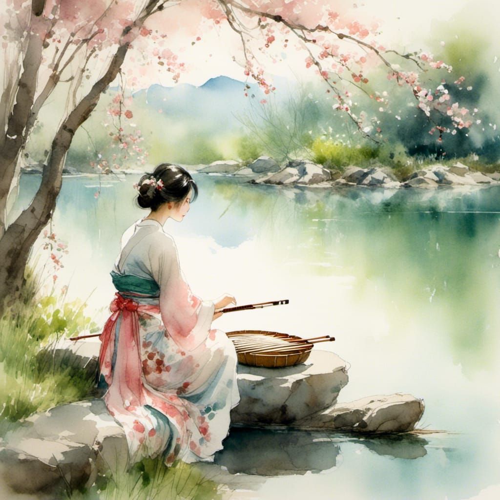 <lora:Aura:1.0>An attractive asian woman in a vibrant pink kimono with delicate cherry blossom patterns, playing a traditional koto near the...