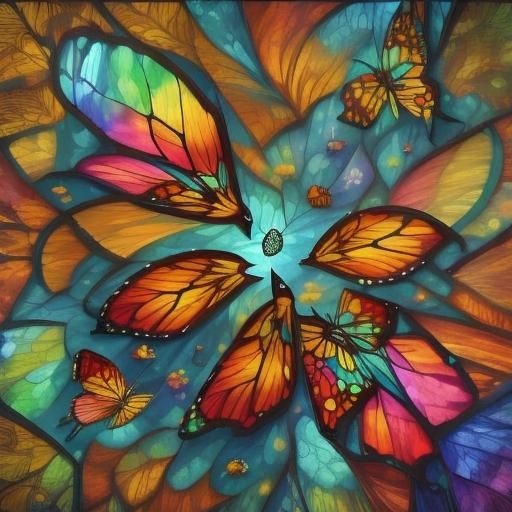 <lora:Spirit World:1.0> Butterflies, hyperdetailed maximalist 3d shading stained glass