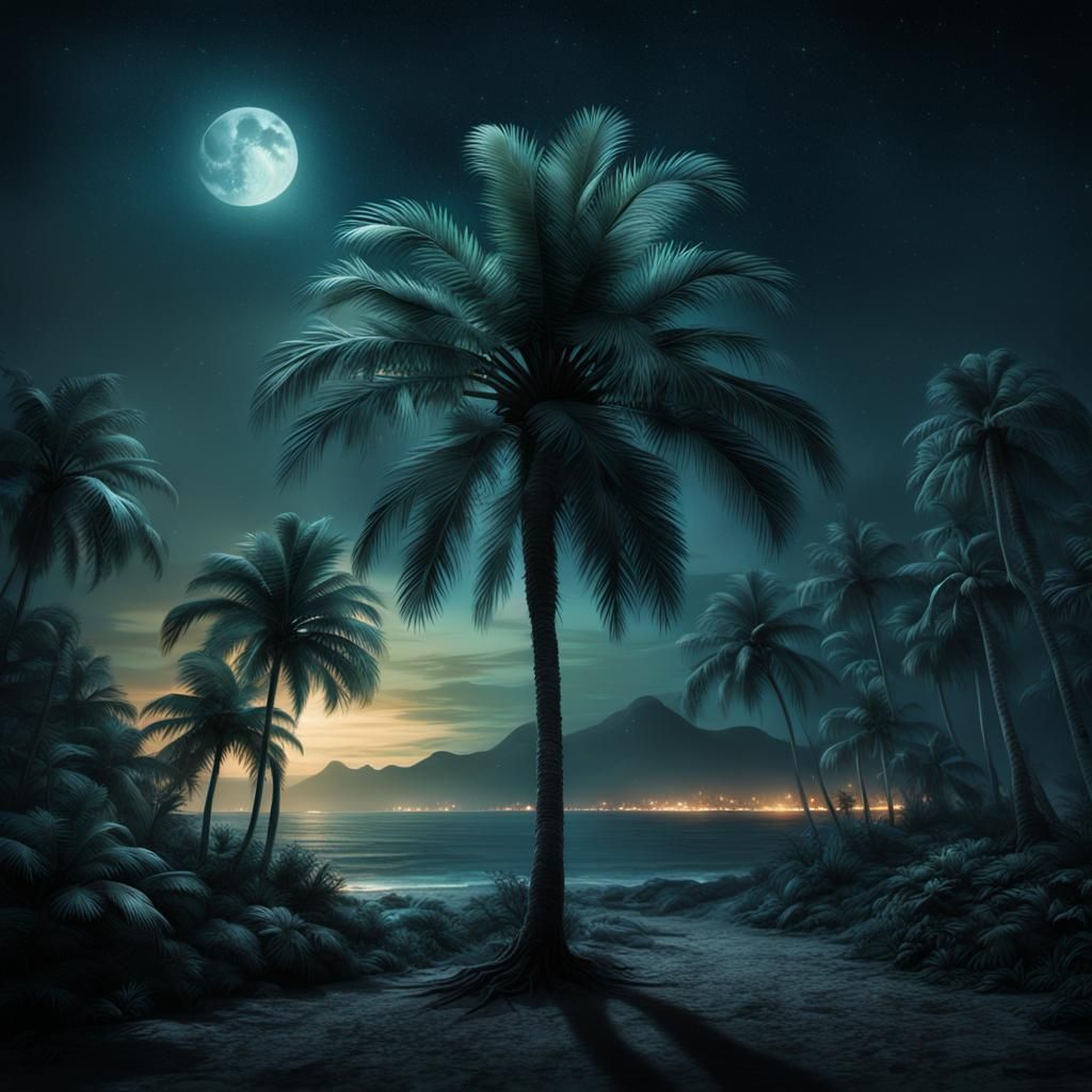 eerie Palm tree at night   by @Sabine