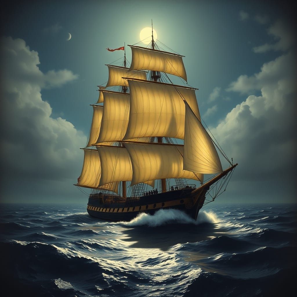 Fully square-rigged 64 gun frigate sailing towards the viewer, under a silvery moon, its sails filled ...  by @C-By