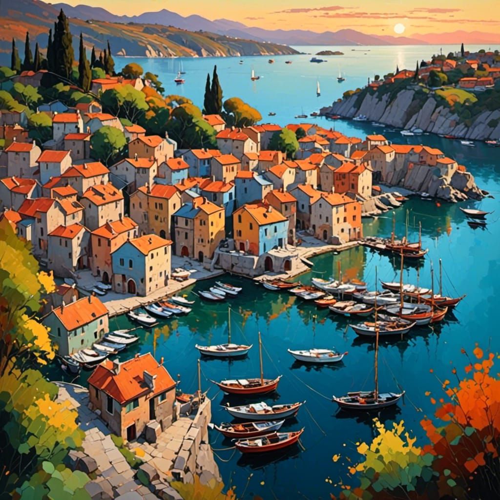 Drone view of a fantasy harbour full of boats. Beautiful landscape, sunset. <lora:Stellar Brews:1.0> 