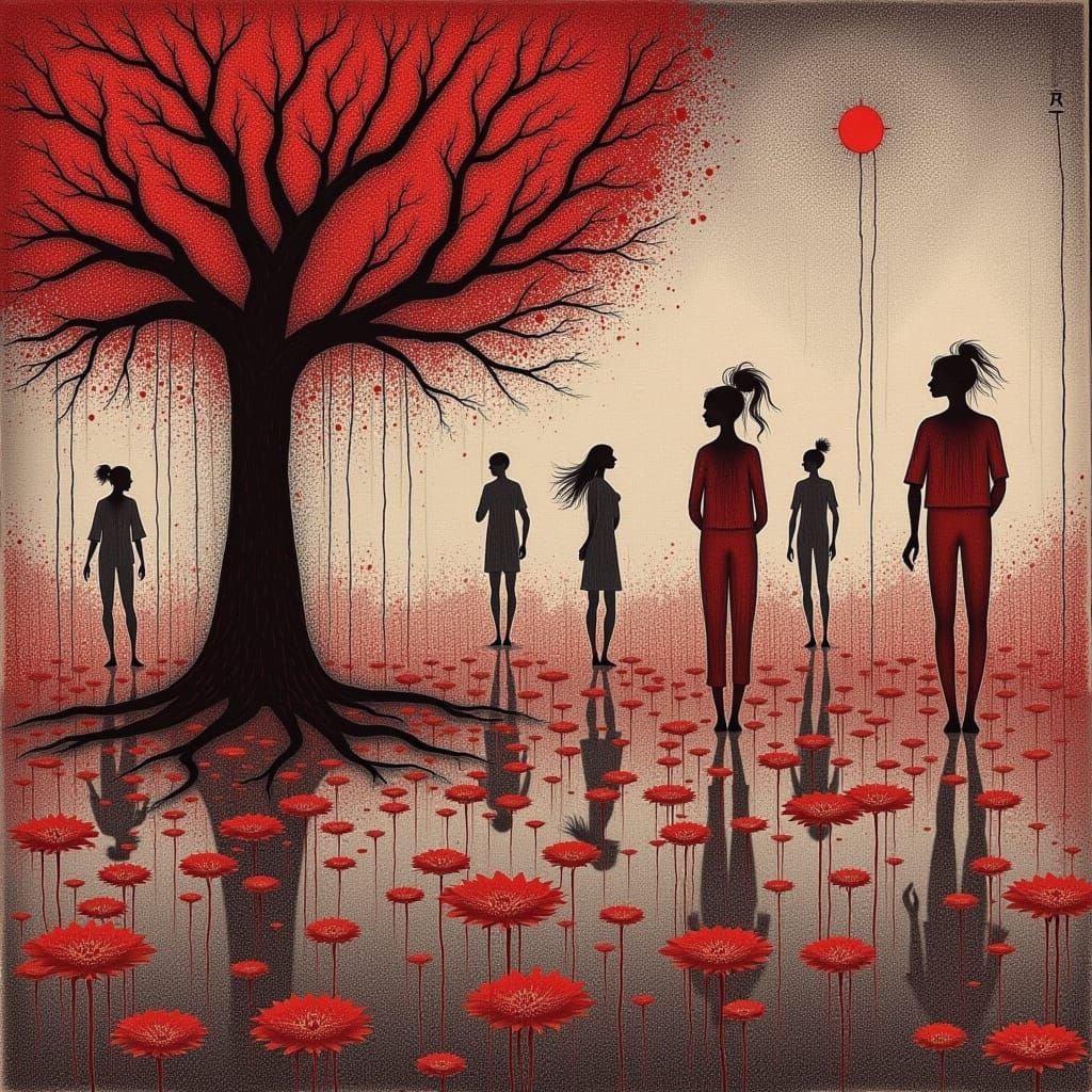 <lora:TriXy Artz:1.0> Oil painting in red black and white  haunting, exploration of identity