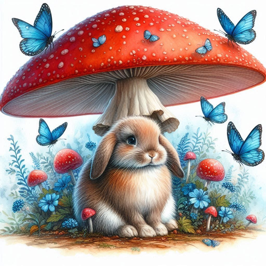 Bunny Sitting Under A Red Mushroom