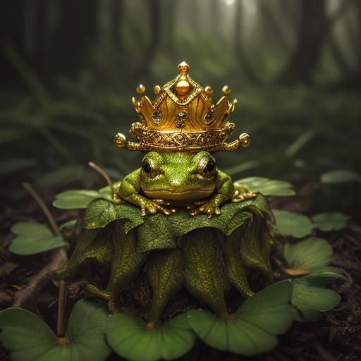 Tiny frog wearing golden crown and a crocus sitting on the t...