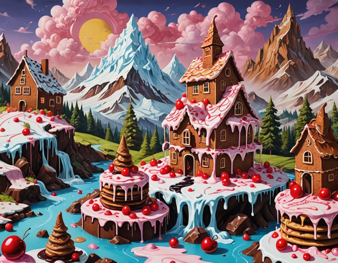 Mountains made of ice cream, with a cherry on top, hills made of stacks of pancakes and syrup, a stream ...  by @Meredith Ellen Skye