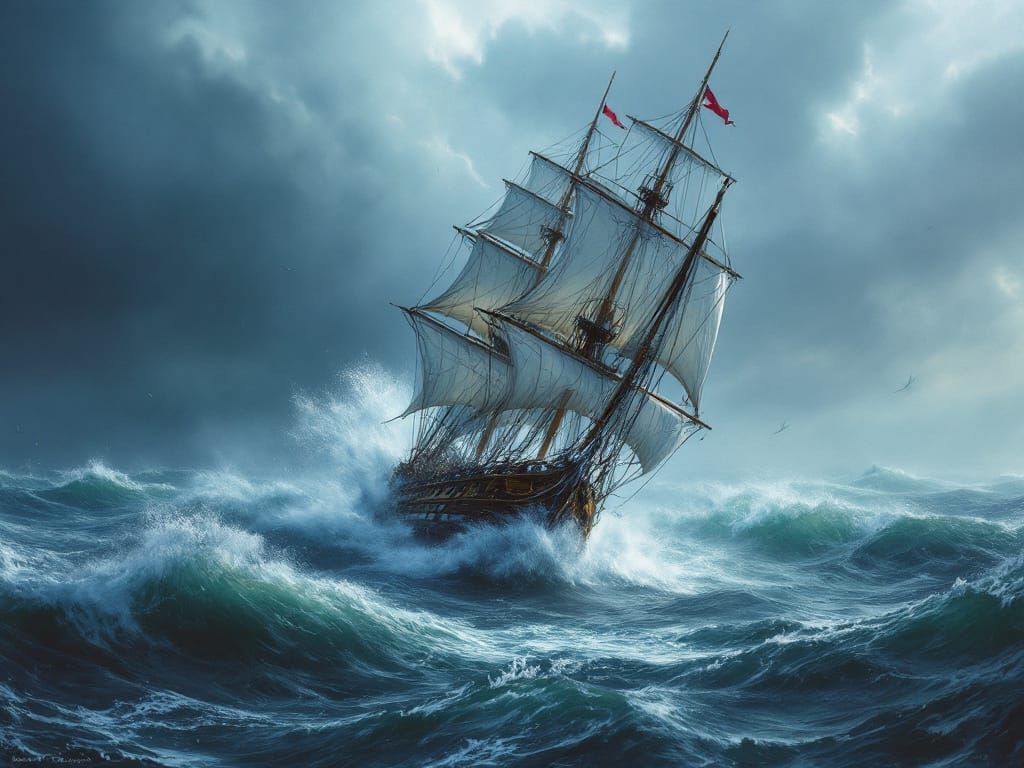 A photorealistic sailing ship in the midst of a storm battling wind and waves.