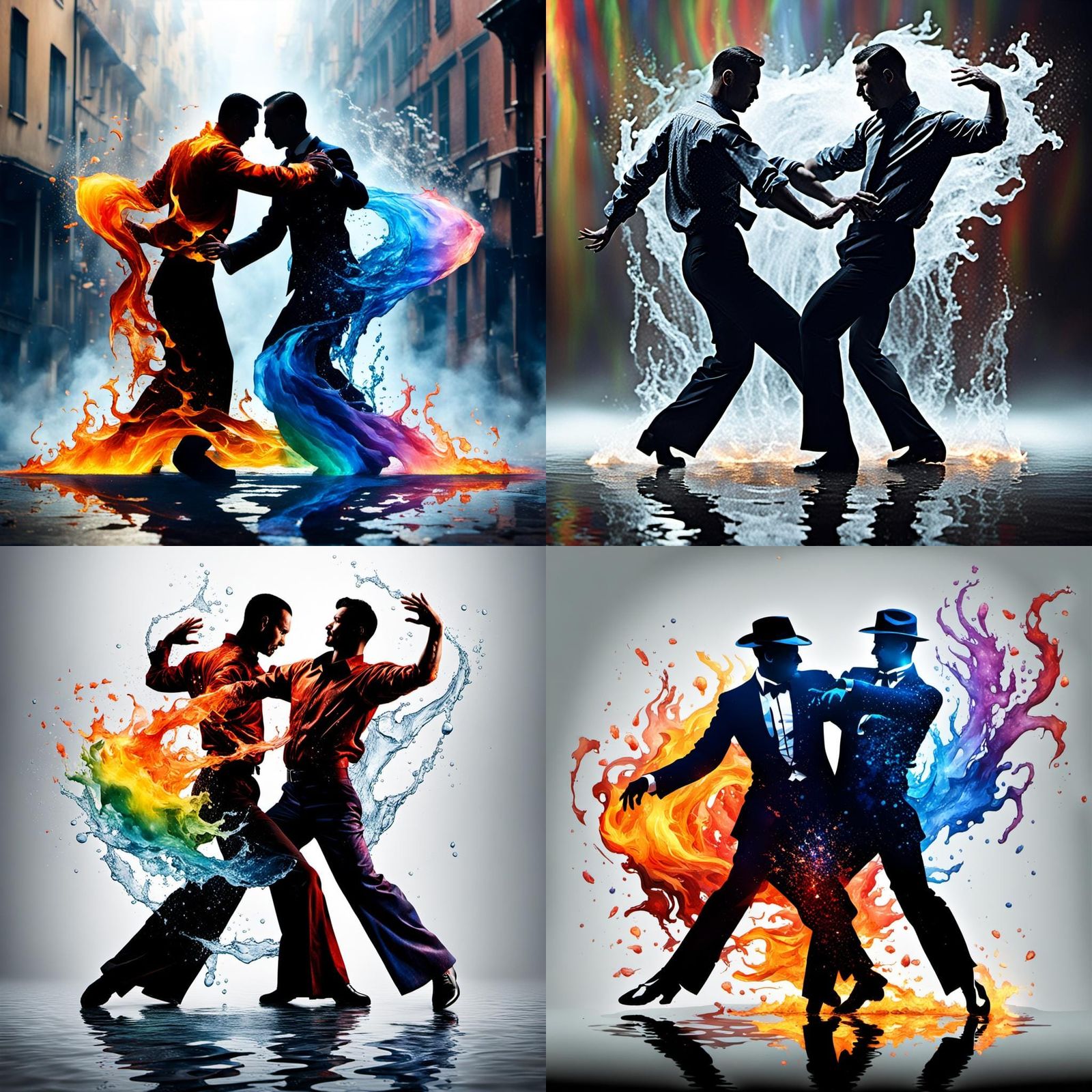 2 gay men dancing the tango one made of water the other of f...