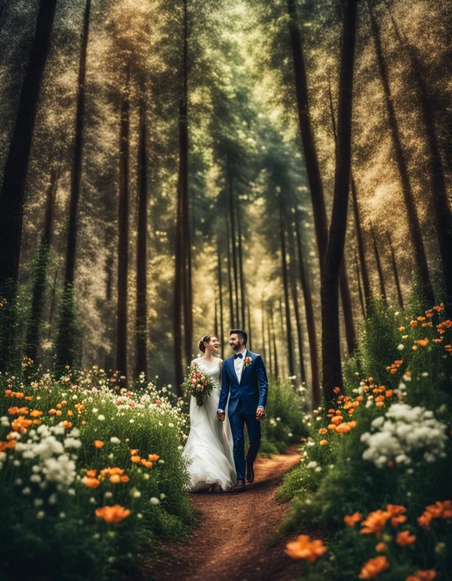 A newlywed couple just married walking in a forest with flowers and trees, HDR, beautifully shot, hyperrealistic, sharp focus, 64 megapixels...