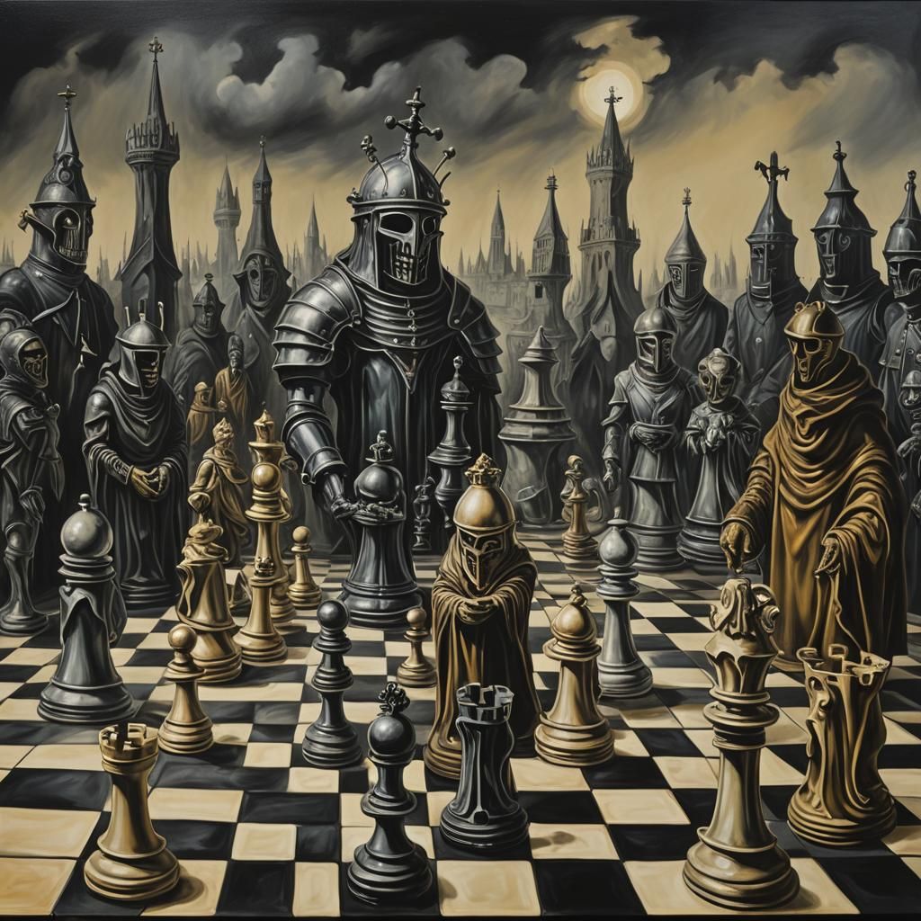 Real people as chess pieces on a chess board, dark souls,  surrealism Salvador Dali matte background ...  by @GreenTea