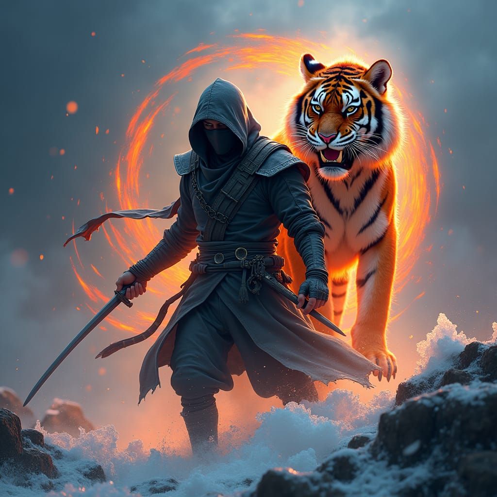 Ninja and Fire Tiger in Dark Fantasy Realm