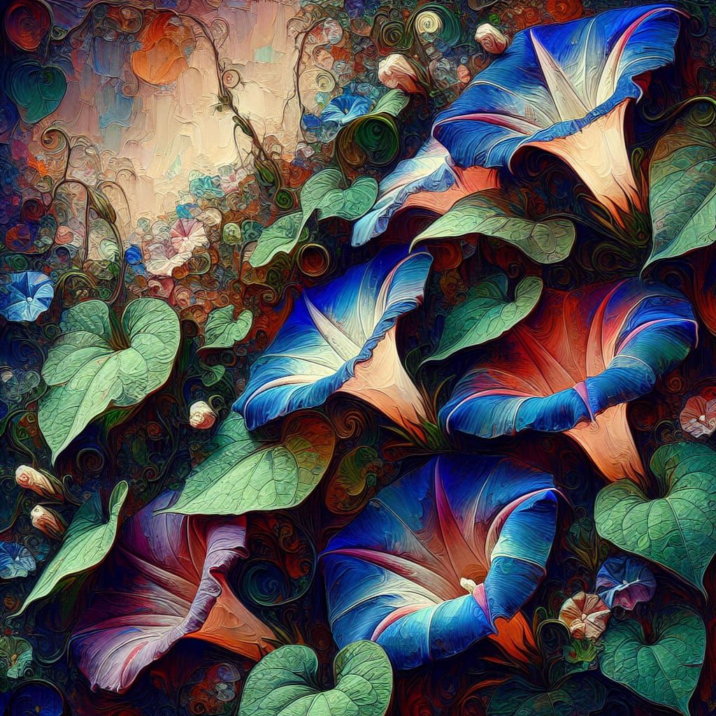 Morning Glories, Heavy Impasto Palette Knife Painting
