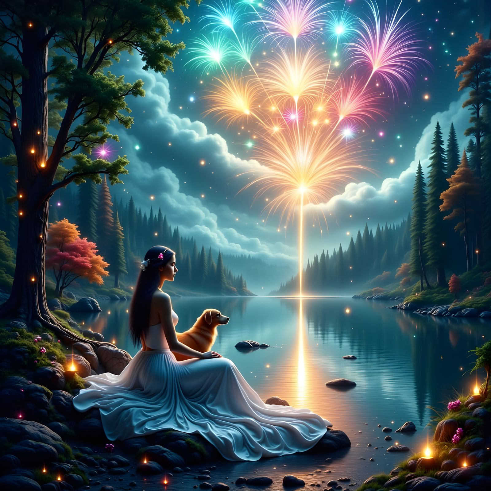 Mystical Lake Fireworks Display at Dusk