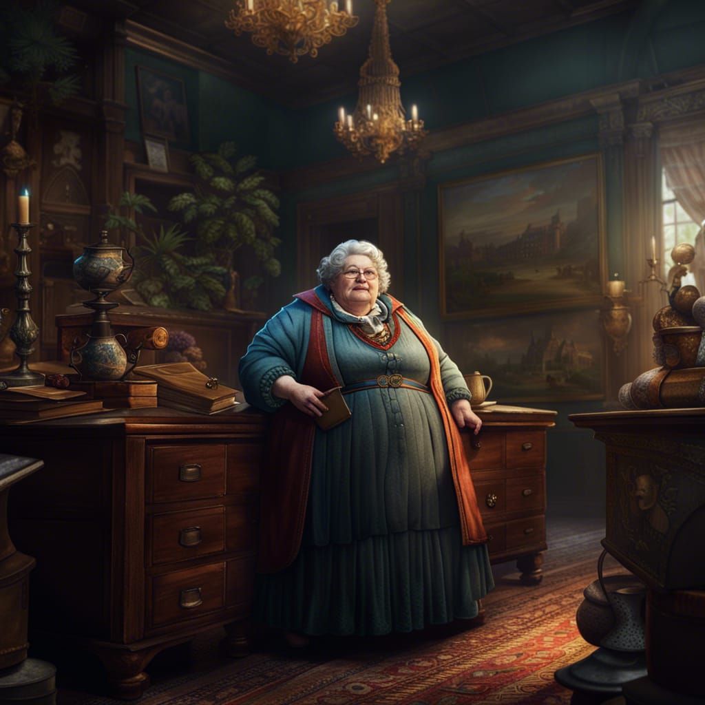 An obese old female archivist at the visitor's reception at ...