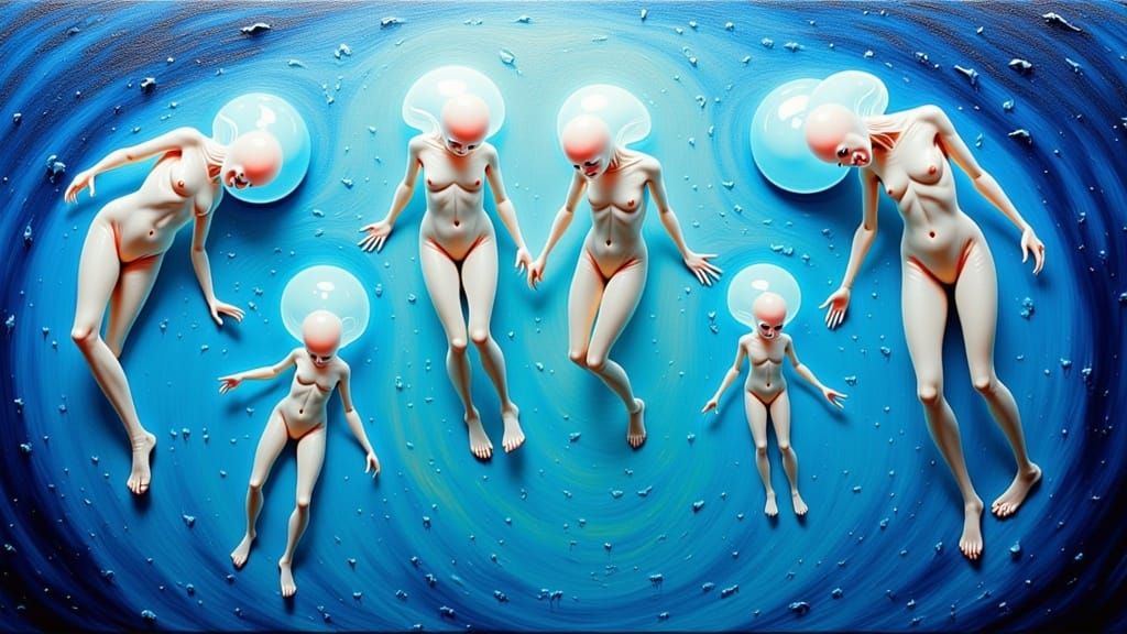 <lora:dotty2:1.0> Synthetic symbiosis of humanoid foetal hybrids , acrylic on canvas , hard wax elements , surrealism art