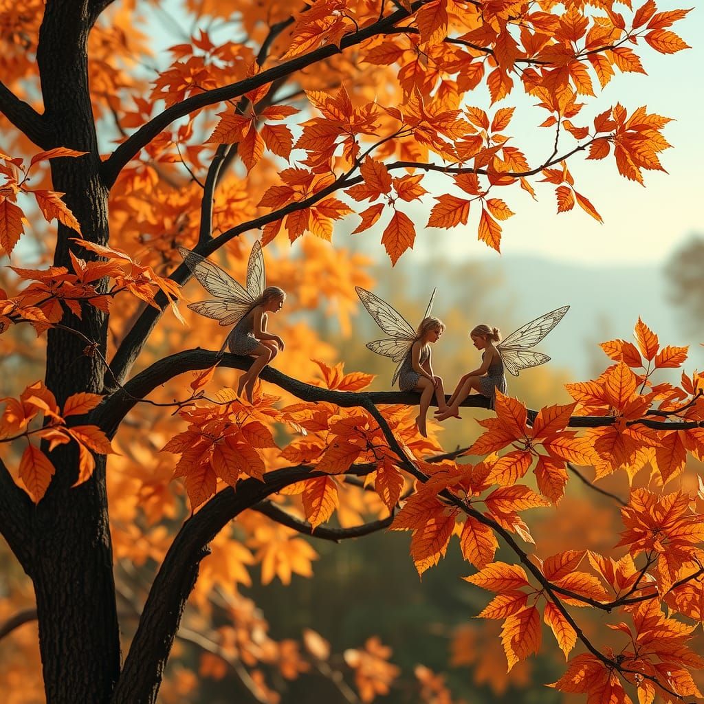 Fairies sitting on branches of an autumn tree  by @Andrea Angel