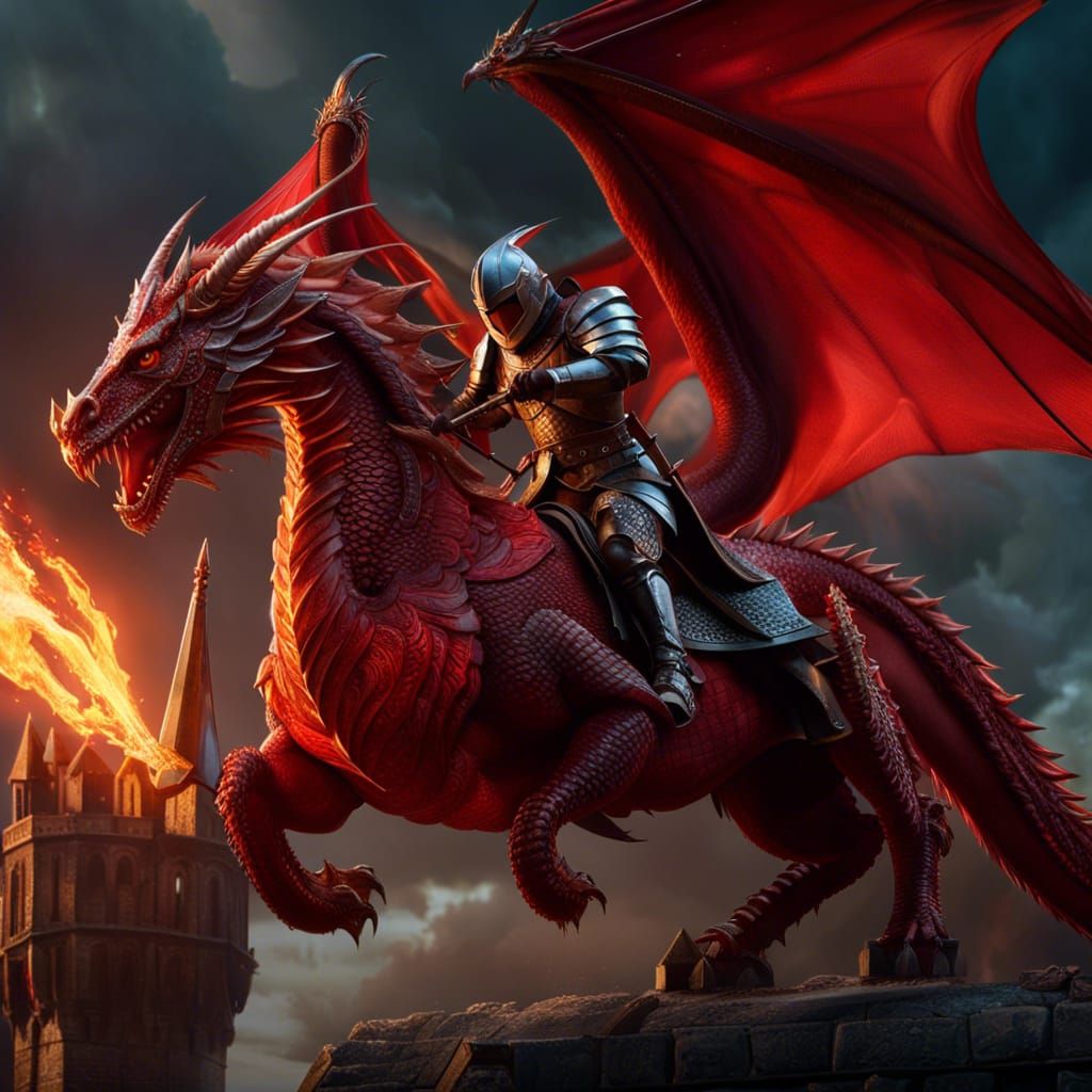 Red Dragon, flying towards castle, breathing fire, knights charging on horseback, hero on dragon's back, holding sword, ...