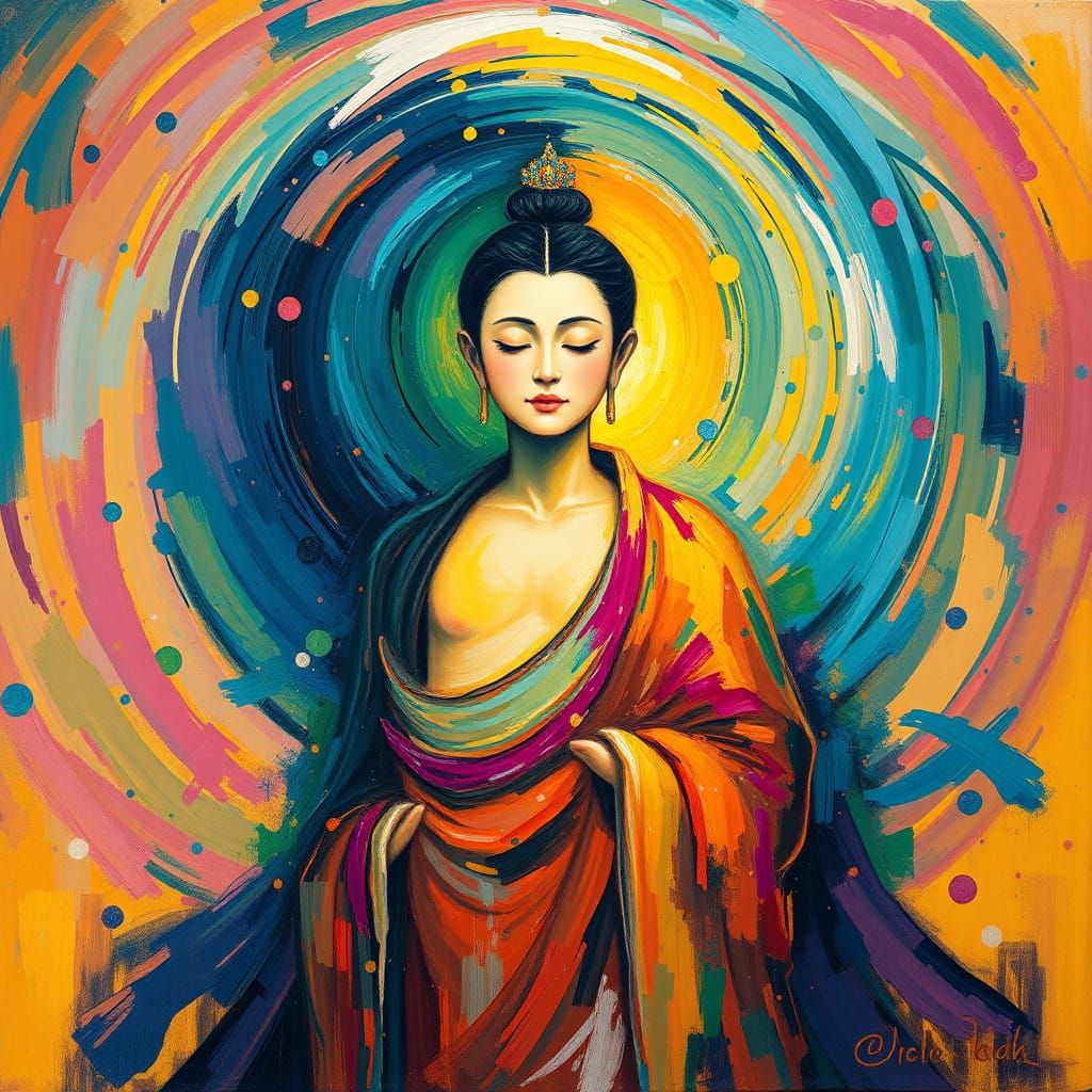 Buddhist Serenity in Turbulent Chaos, Neo-Impressionist Oil....