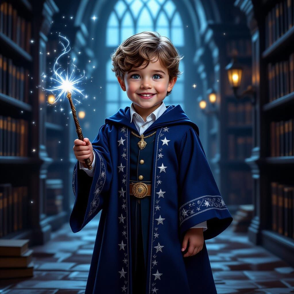 Realistic Five-Year-Old Wizard in Ancient Library
