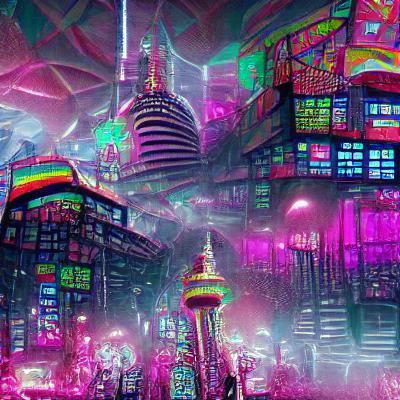 a psychedelic cyberpunk city