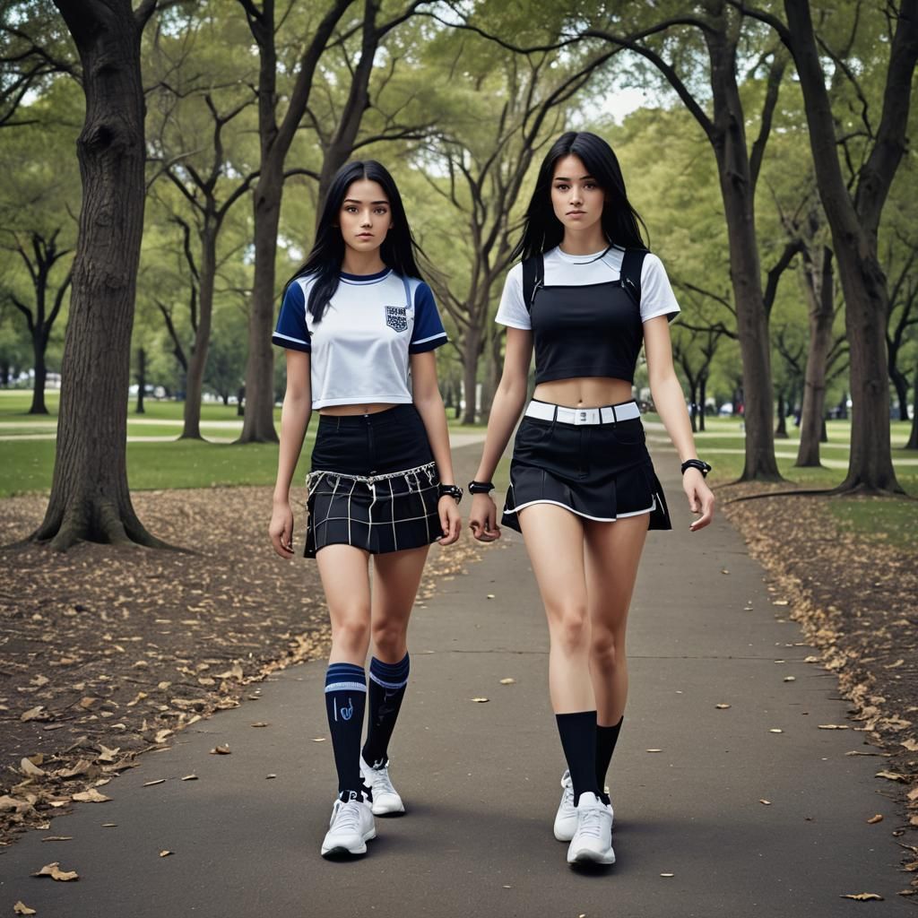 Two beautiful girls enjoying a walk in the park