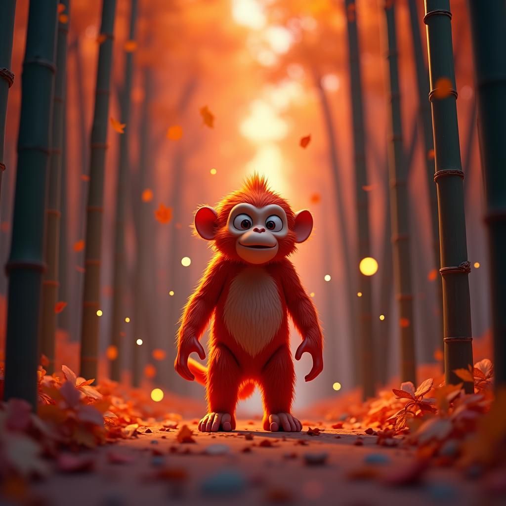 Fiery Monkey in Bamboo Forest: Low-Poly 3D Art