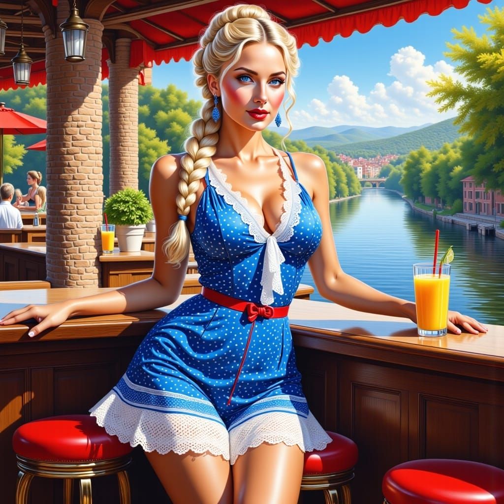 <lora:CuteBeautiesFlux:1.0> stunning woman, short blue boho style dress with white dots, ruffles, blonde braided  bun hair and drinking a ju...