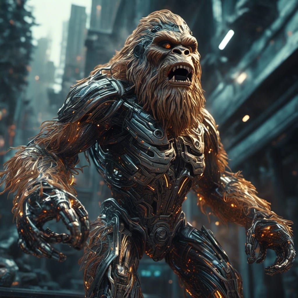 cybernetic Bigfoot, dynamic close-up <lora:Cybernetics v2:1.0>
