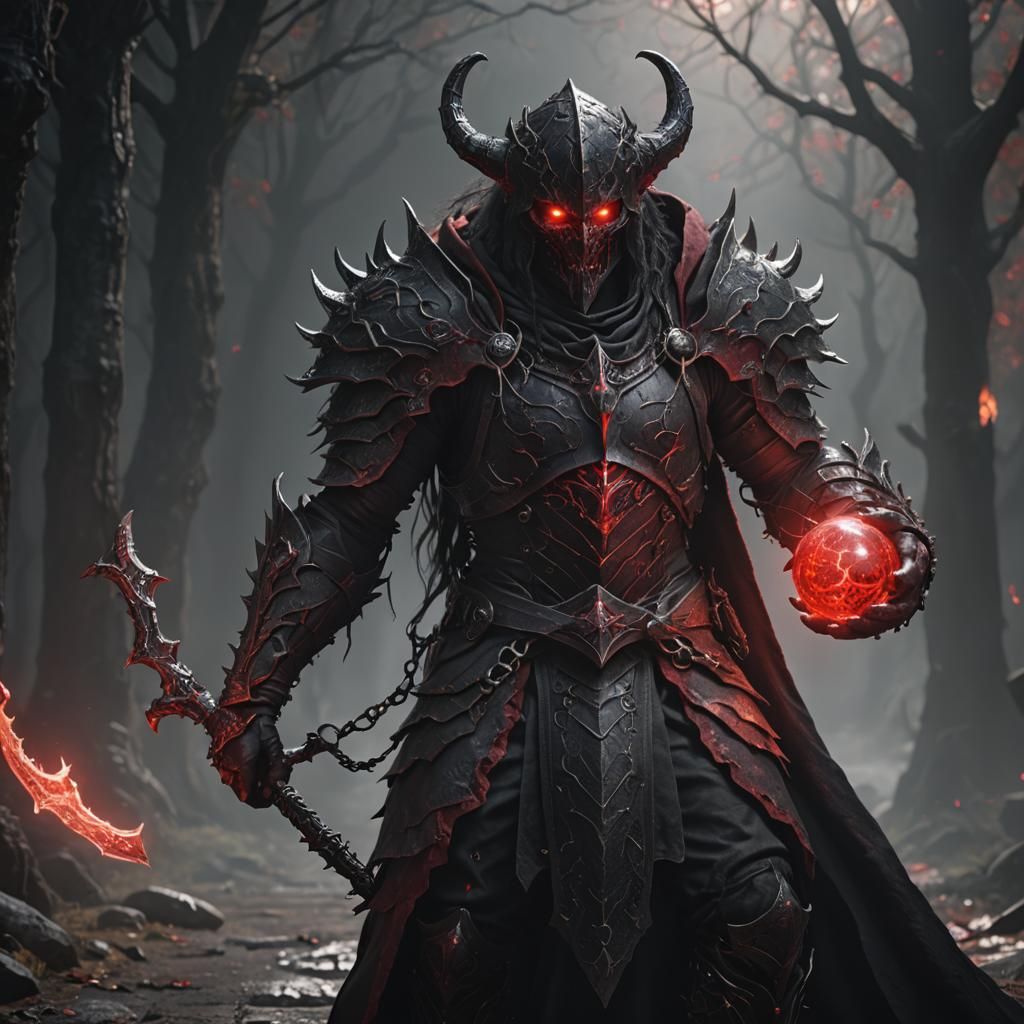 A chained demon warrior cloaked in black and red, head replaced with a ...