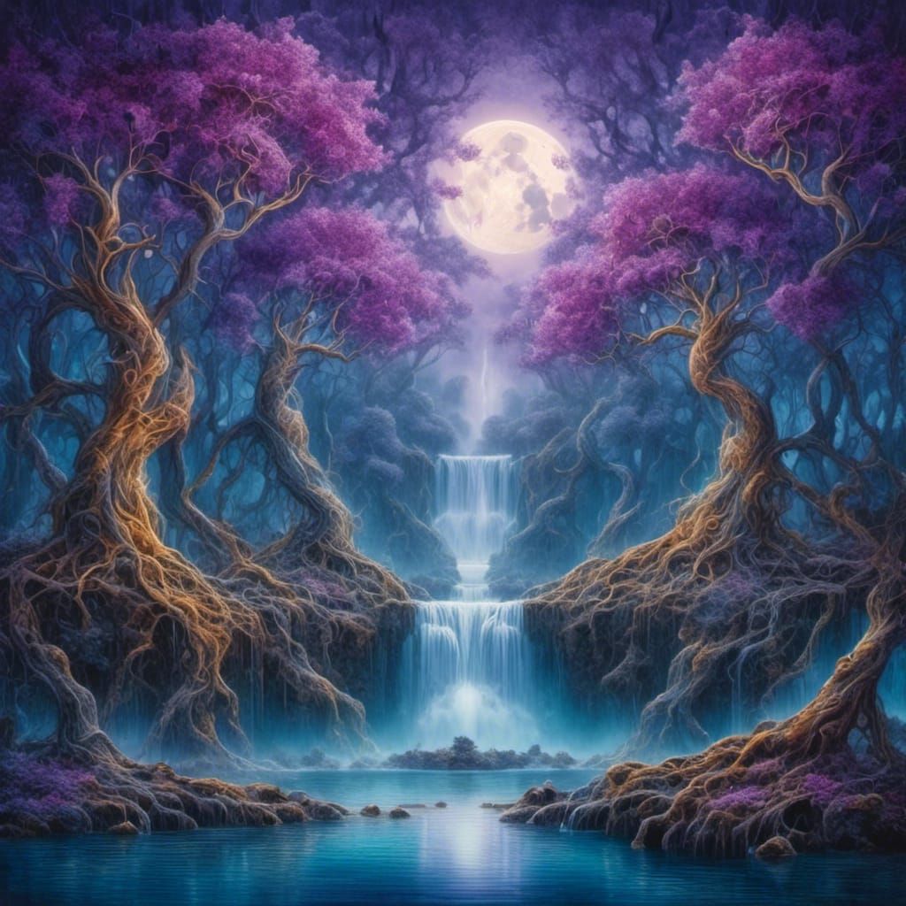 symmetrical, moonlit forest scene with waterfall in center, <lora:Symmetrical:1.0> 