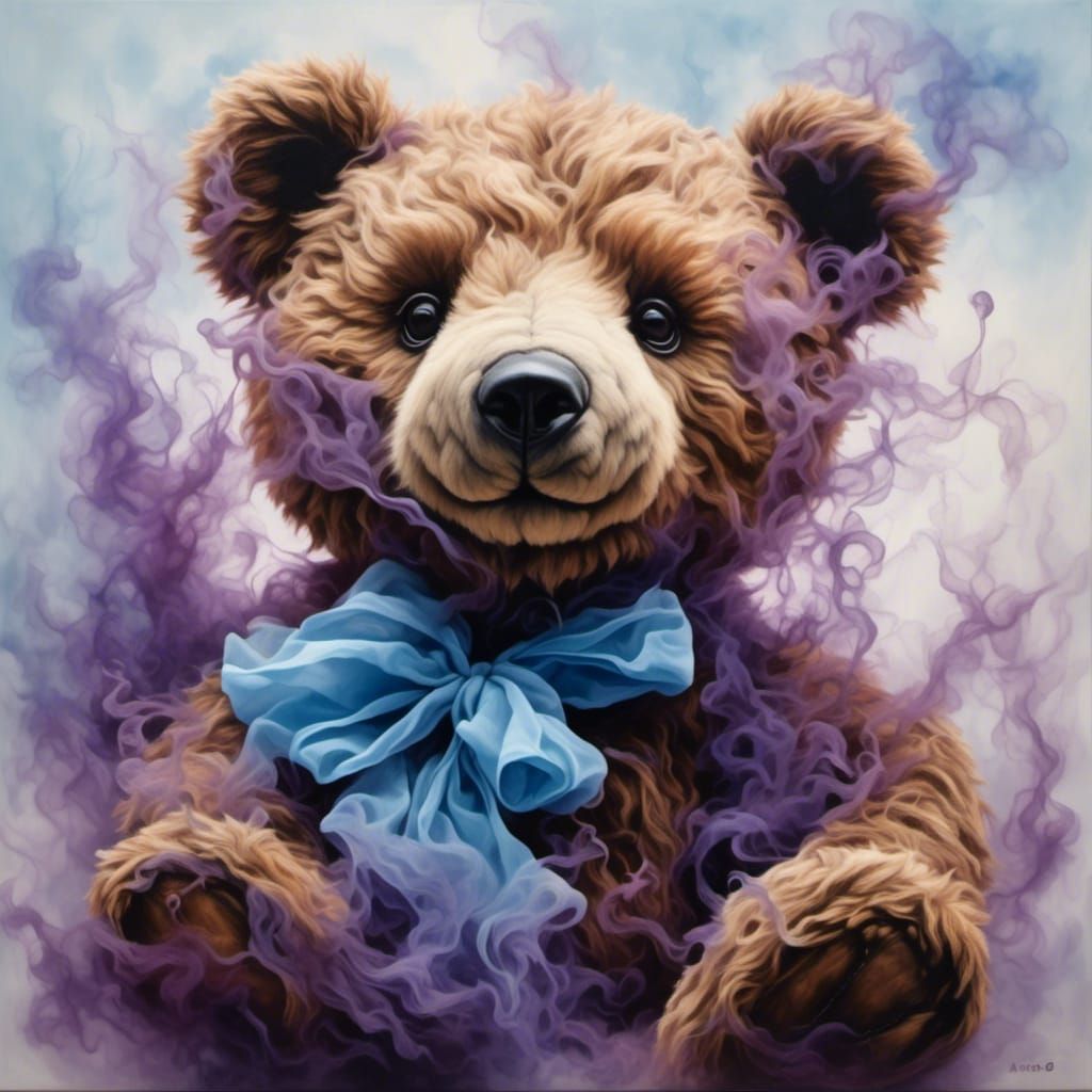 <lora:Smokey:1.0> Oil painting of a brown and tan teddy bear made of coloured smoke, tones, pastel blue and purple tones, hyper realistic,...